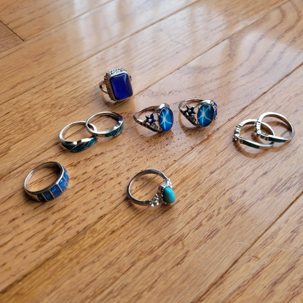 Set of 9 Rings Bundle of Blue Silver Costume Jewelry Various Sizes